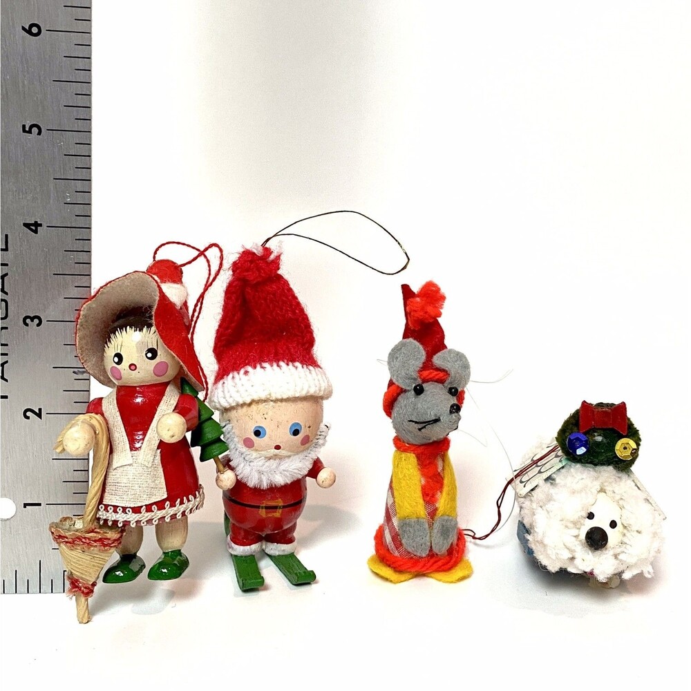 4 - Vintage Wooden Christmas Ornaments Santa Dog House Prairie Girl Mouse - Felt